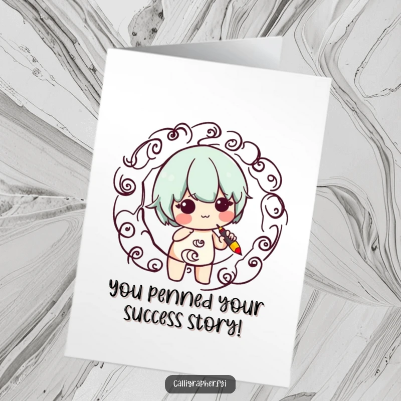 Funny Free Printable Congratulations Card: Cute character drawing an elegant flourish with a calligraphy pen, celebrating success.