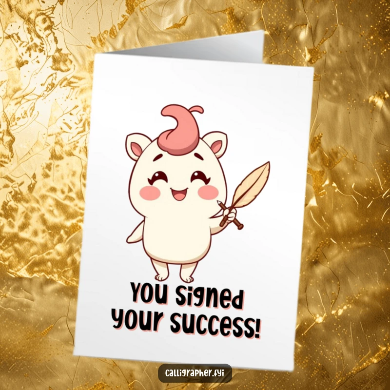 Funny Free Printable Congratulations Card: Cheerful character holding a quill pen with a flourish, celebrating success.