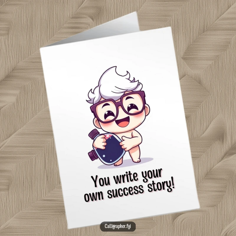 Funny Free Printable Congratulations Card: Happy character with glasses smiles, holding a large ink bottle, signifying a well-written success.