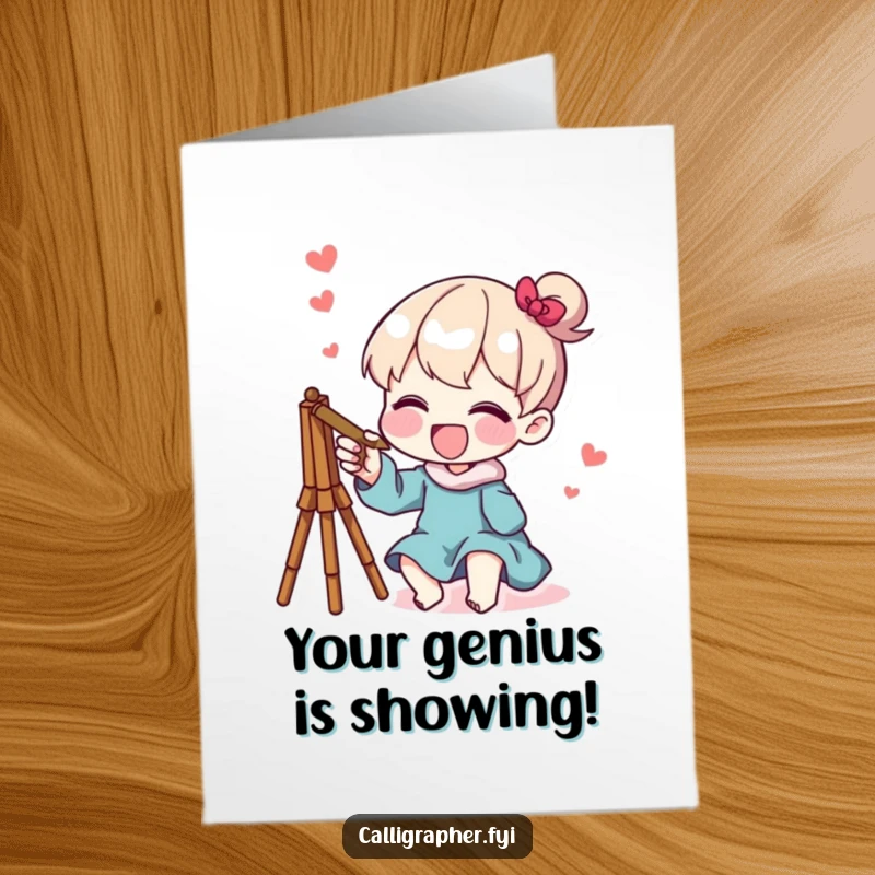 Funny Free Printable Congratulations Card: Character joyfully sketching a whimsical design, celebrating achievements creatively.