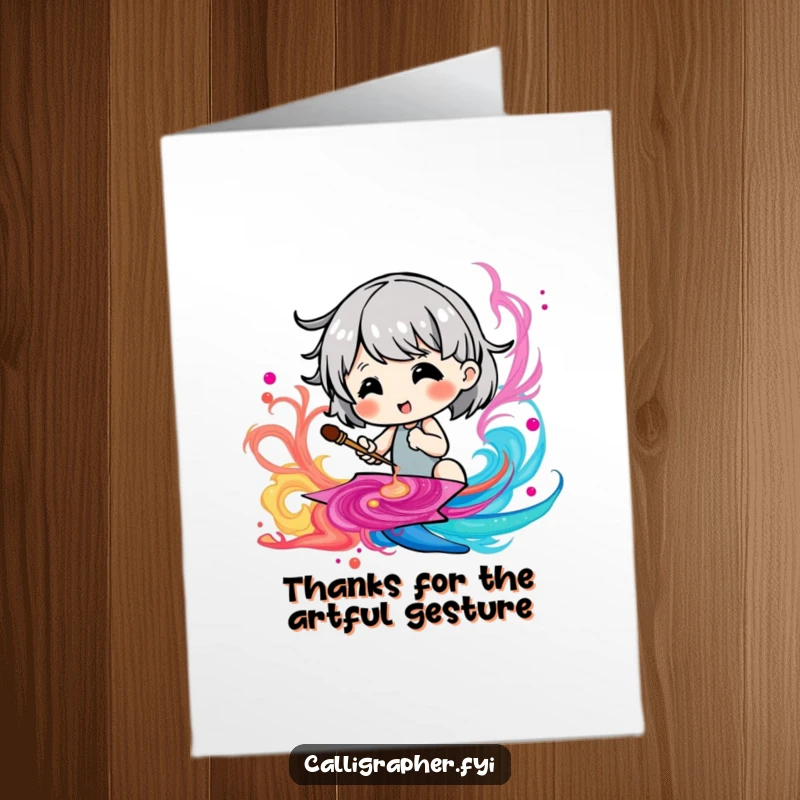 Funny Free Printable Thank You Card: cute character happily applying vibrant ink to a swirling pattern.