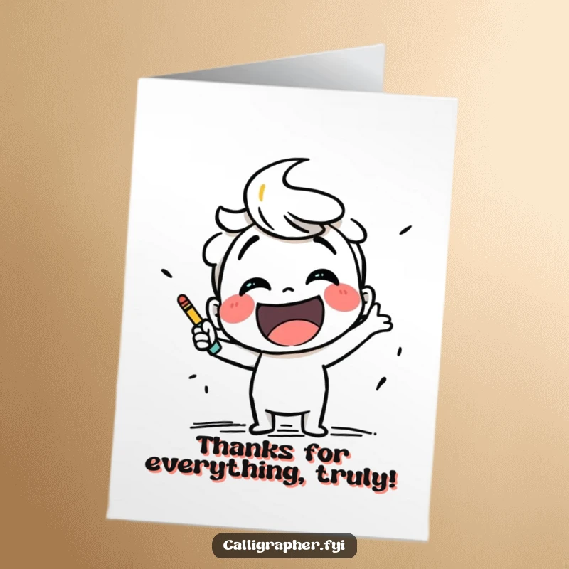 Funny Free Printable Thank You Card: Smiling character excitedly sketching a bold, artistic expression of thanks.