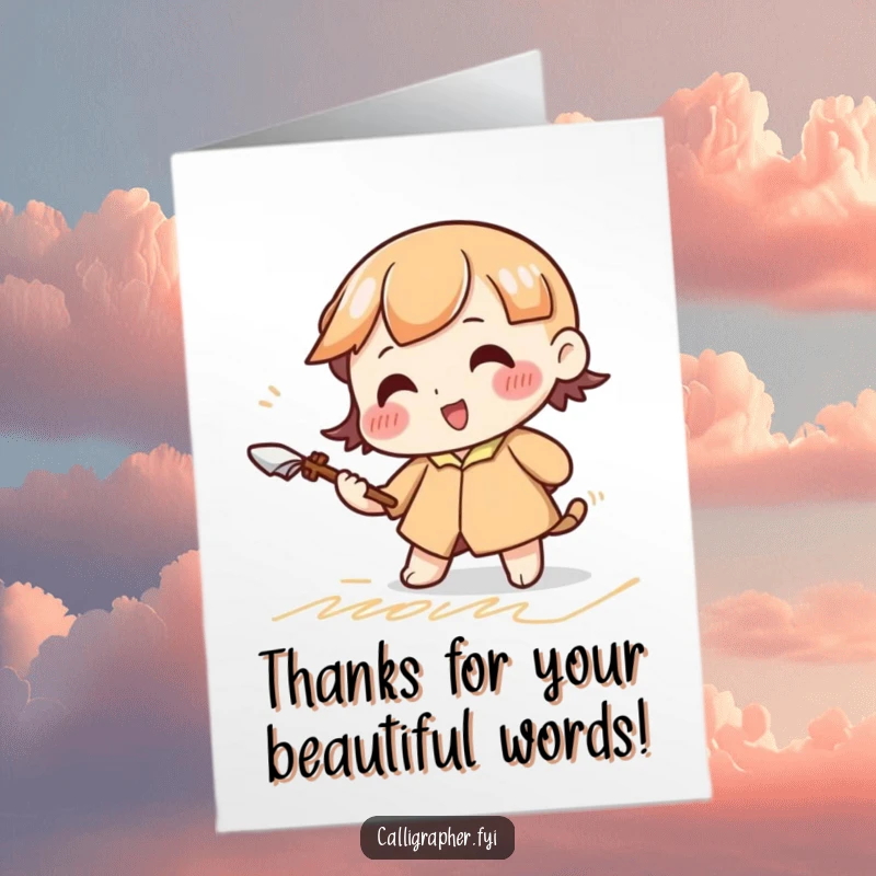 Funny Free Printable Thank You Card: A cute character practices elegant cursive with a large quill, thoughtfully expressing thanks.