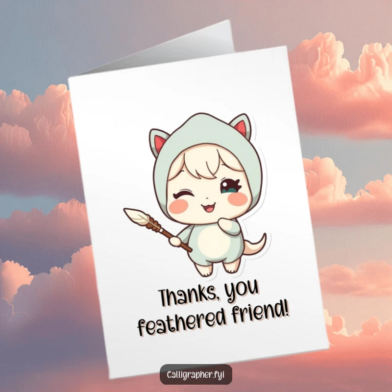 Funny Free Printable Thank You Card: A cute character holding a quill and offering a delighted wink, conveying thanks.