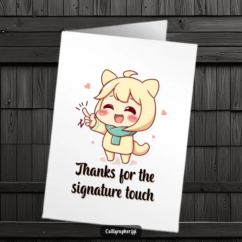 Funny Free Printable Thank You Card: cute character demonstrating an elaborate, stylish signature flourish.