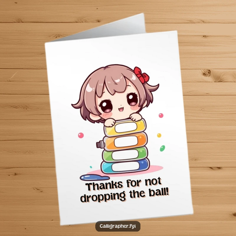 Funny Free Printable Thank You Card: Adorable character balancing a wobbly stack of ink bottles with concentration.