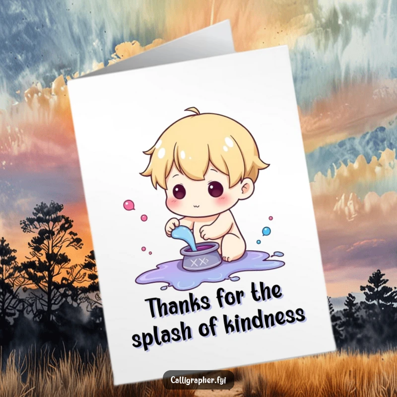 Funny Free Printable Thank You Card: cute character having fun splashing ink from a small container.
