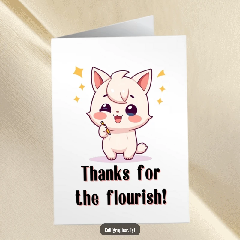 Funny Free Printable Thank You Card: A character shows off a grand flourish after writing, expressing thanks with energetic charm.