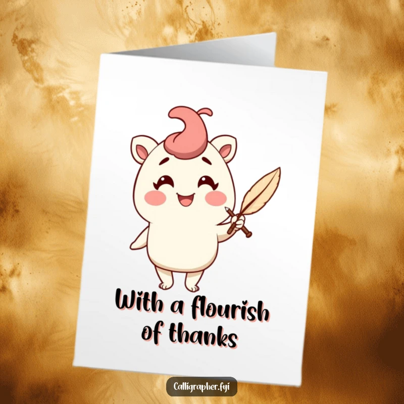 Funny Free Printable Thank You Card: Cheerful character holding a quill pen with a flourish, writing thanks.