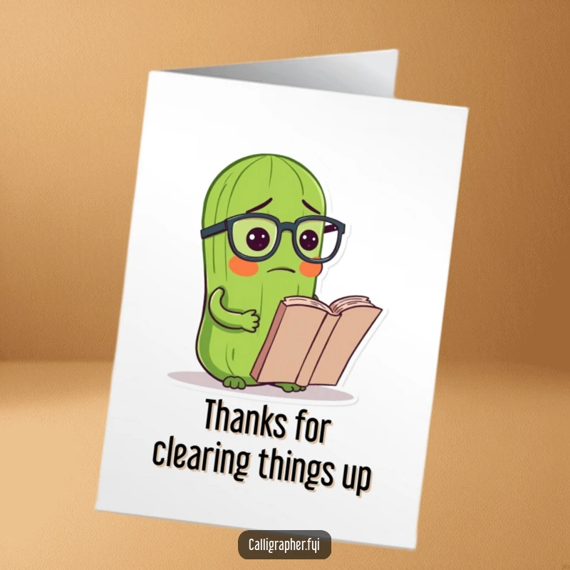Funny Free Printable Thank You Card: A pickle sporting reading glasses, looking very confused at a book, saying thanks.