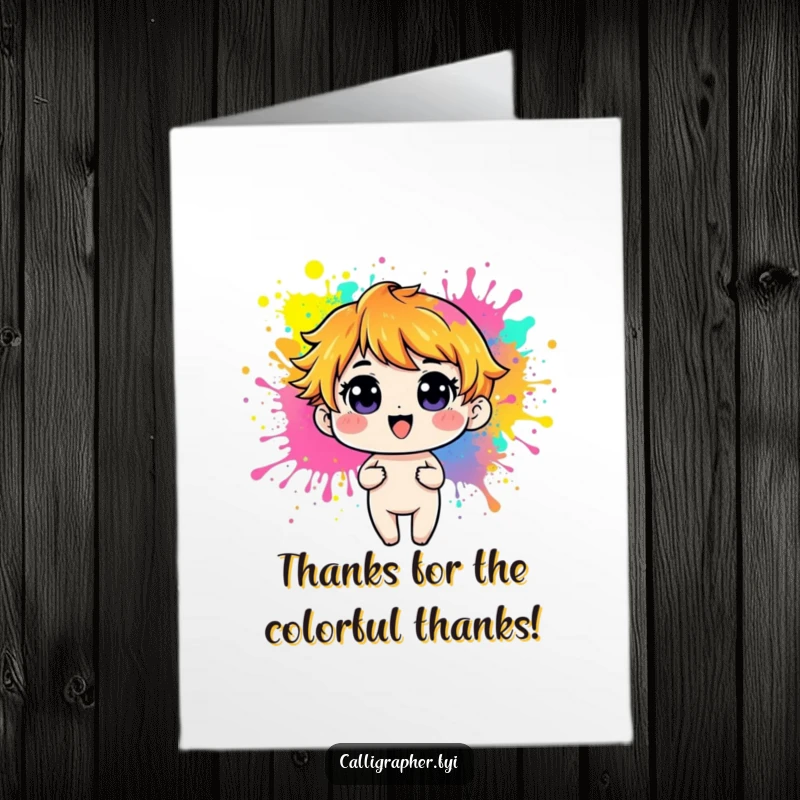 Funny Free Printable Thank You Card: Playful character making bold, vibrant paint splashes, a downloadable DIY gift for a colorful expression of thanks.