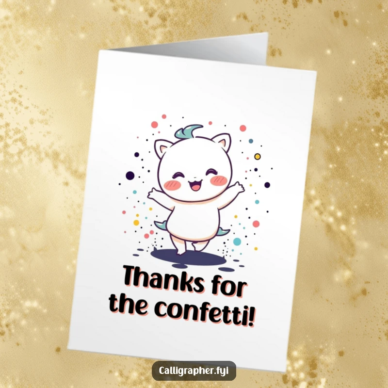 Funny free printable thank you card with a cute kawaii character dancing happily amidst vibrant ink splatters.
