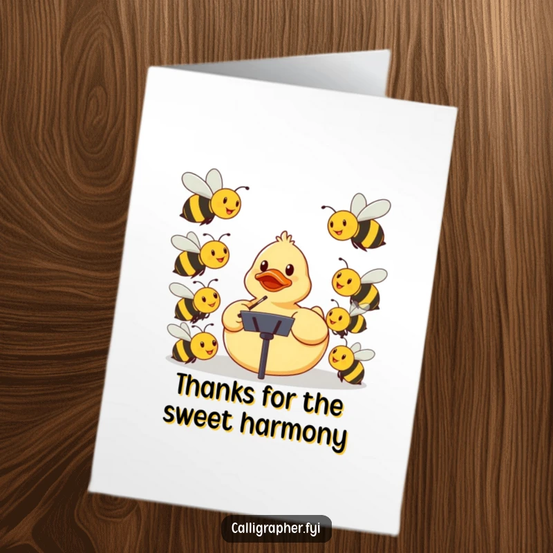 Funny Free Printable Thank You Card: A rubber ducky conducting an orchestra of happy bees, expressing thanks musically.
