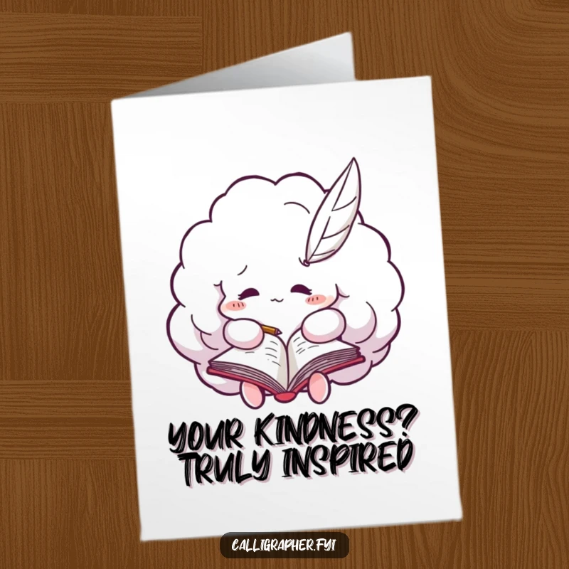 Funny Free Printable Thank You Card: Fluffy cloud diligently scribbling notes with a quill pen, expressing gratitude humorously.