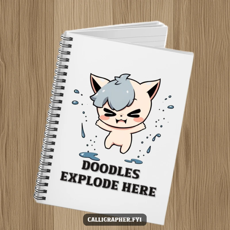 Funny notebook cover with a mischievous character playfully splattering ink drops, encouraging creative and spontaneous writing.