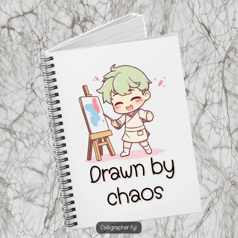 Funny notebook featuring an artist comically splattered with paint after a dramatic pose, perfect for journaling creative thoughts and studio happenings.