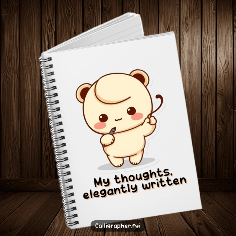 Funny notebook with a kawaii character artist holding a calligraphy pen, elegantly writing a swoosh, for capturing creative thoughts.