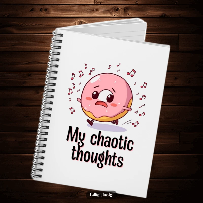 Funny notebook cover with a bewildered donut character fleeing a swarm of musical notes, representing chaos and creativity.