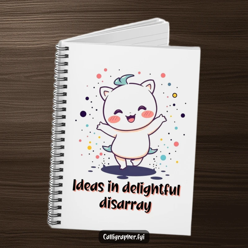 Funny kawaii character doing a happy dance amidst ink splatters, a creative and humorous notebook for capturing artistic inspiration.