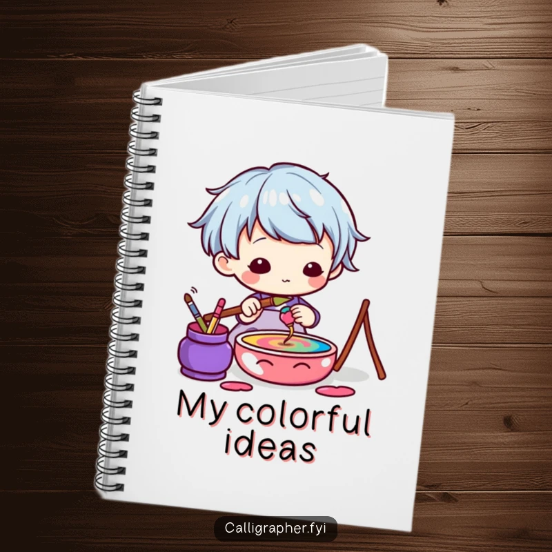 Funny Kawaii Artist Notebook with a cute character dipping a brush into colorful ink, ideal for sketching and brainstorming.