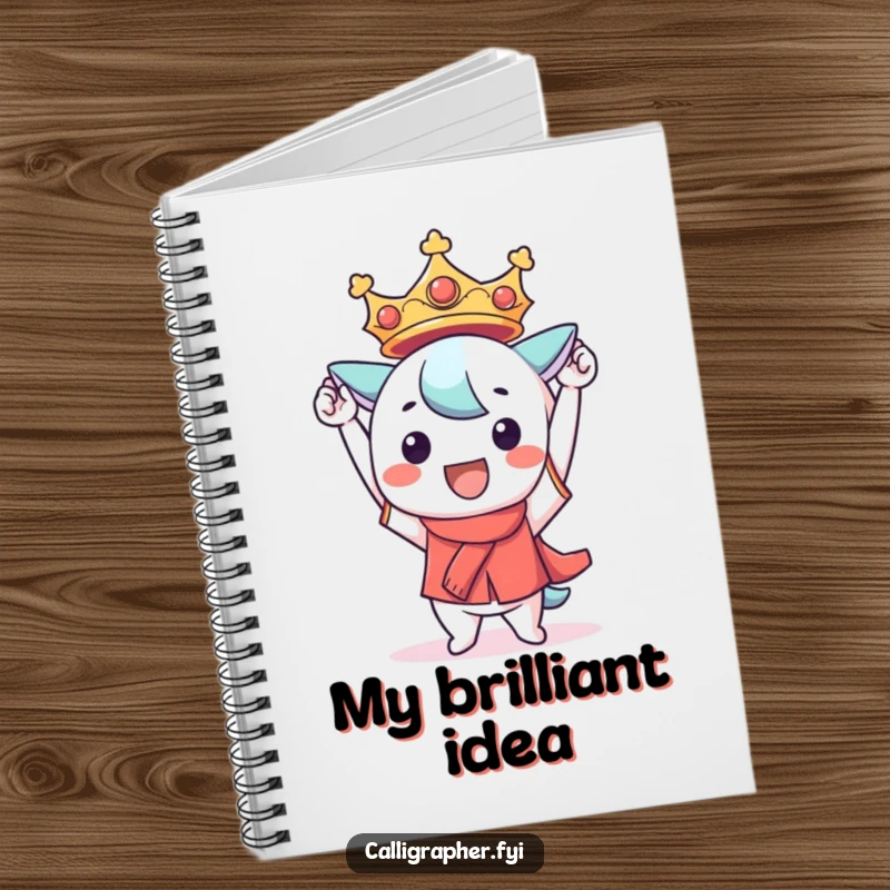 Funny Kawaii character notebook, triumphantly holding a perfectly formed character, ideal for documenting achievements and celebrating success.