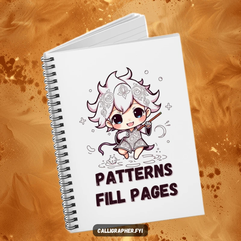 Funny notebook cover with an energetic character rapidly drawing intricate patterns, inspiring detailed planning and creative execution.