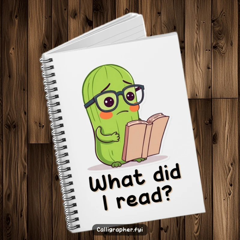 Funny notebook cover featuring a pickle wearing reading glasses, looking confused at a book, ideal for jotting notes.