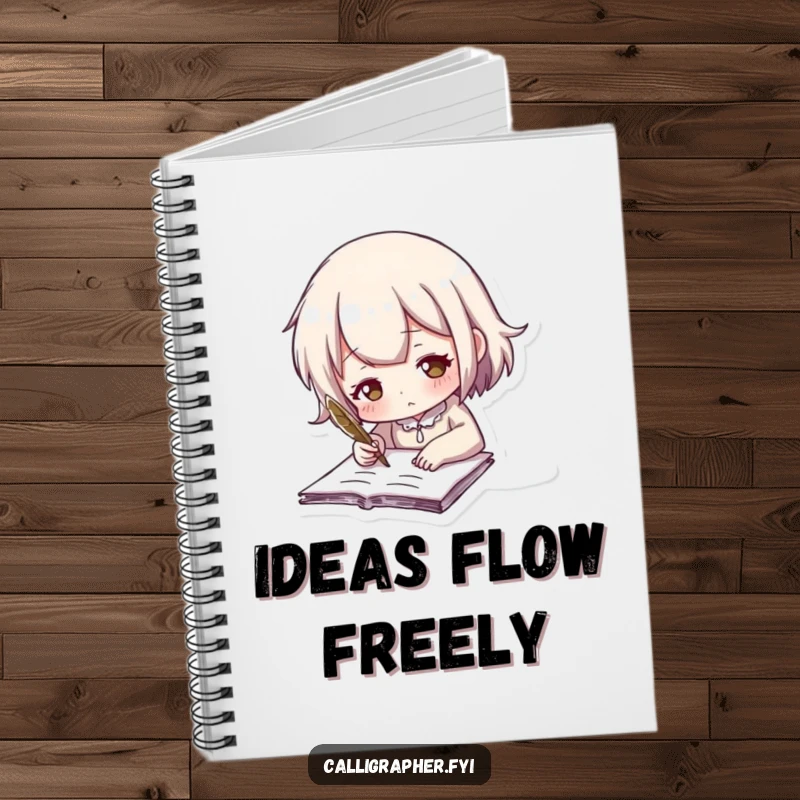 Funny notebook cover featuring a cute character passionately writing with a feathered quill, encouraging creative writing.