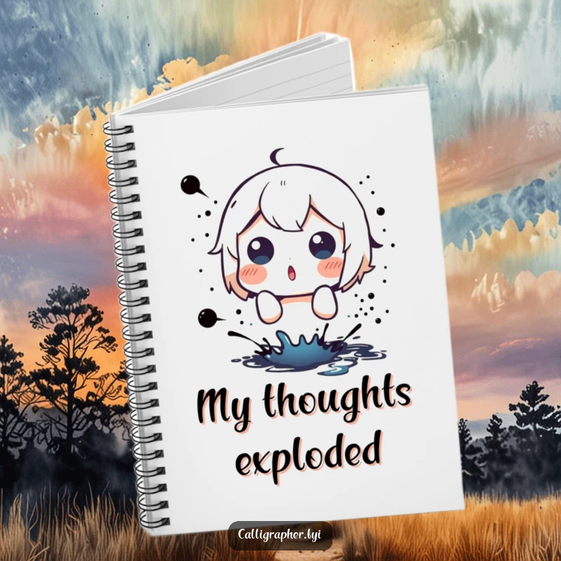 Funny notebook with a cute character showing surprised eyes at a sudden, unexpected ink splatter.