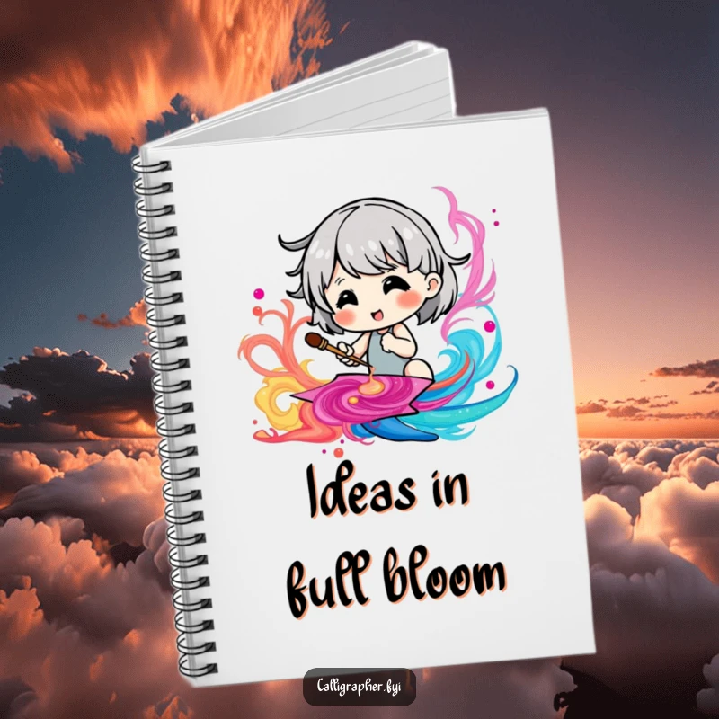 Funny notebook with a cute character skillfully painting a swirling pattern using colorful, vibrant ink.