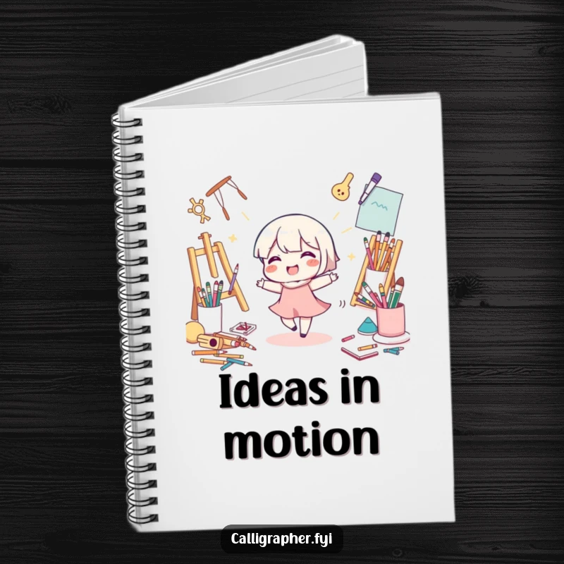 Funny Notebook: A cute character dances joyfully surrounded by art supplies, inspiring creative thoughts and doodles, ideal for journaling.