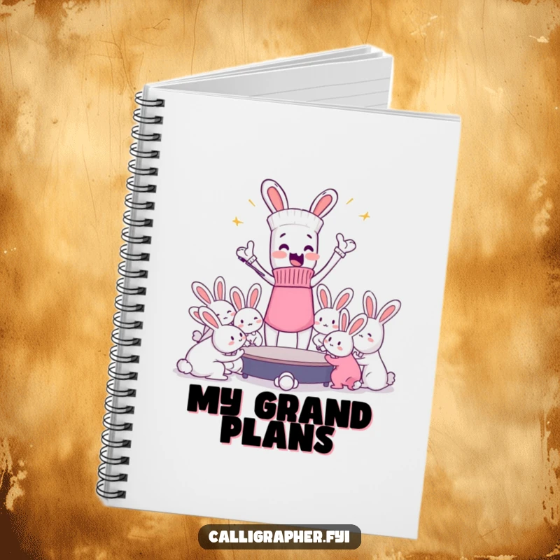 Funny notebook cover with an enthusiastic sock character conducting a disorganized orchestra of dust bunnies.