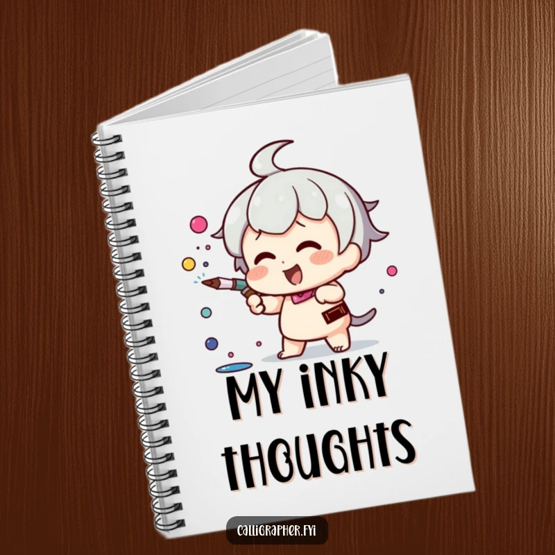 Funny Kawaii character notebook, energetically spraying ink from a pen nib, ideal for jotting down creative thoughts and artistic plans.