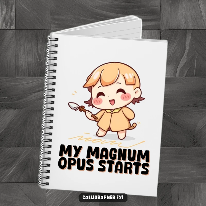 Funny notebook featuring a cute character vigorously practicing elegant cursive strokes with a large quill, ready to inspire creative writing.