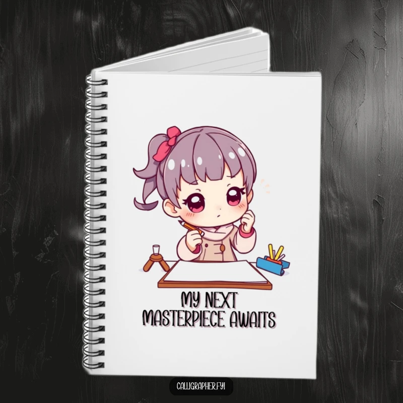 Funny notebook cover with a character artist in a thoughtful pose, holding a pencil poised above paper, ideal for creative journaling.