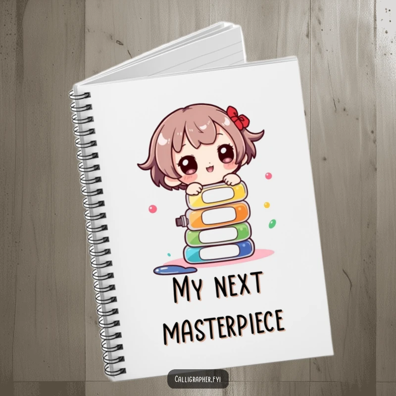 Funny Notebook: Cute character playfully balancing a stack of ink bottles, perfect for journaling artistic ideas and creative plans.