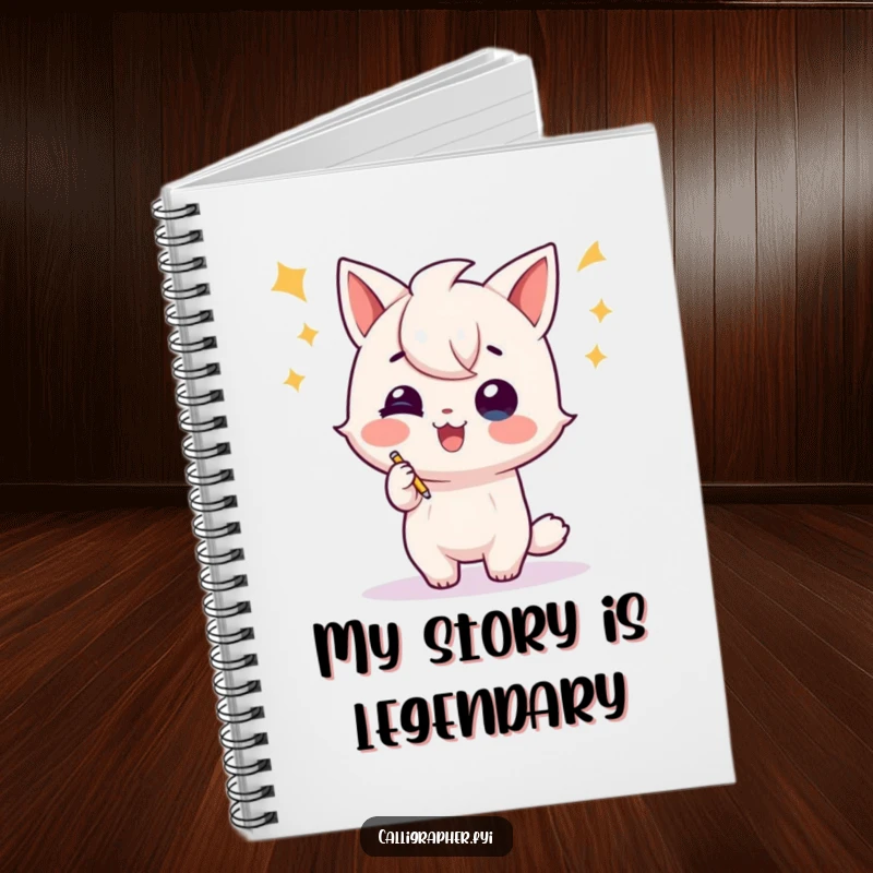 Funny notebook cover featuring a playful character doing a celebratory flourish after writing, perfect for writers to document their success.