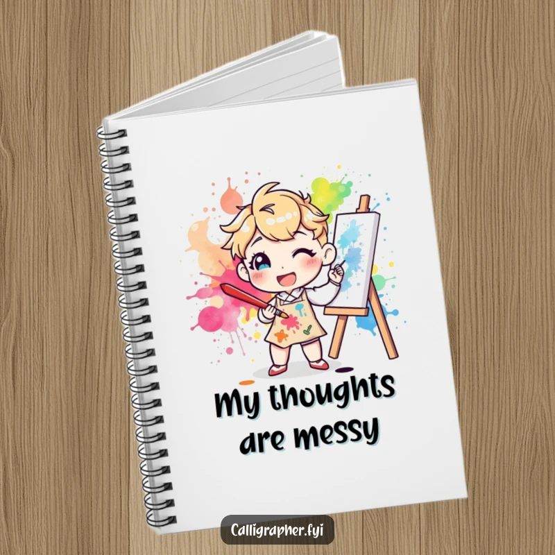 Funny notebook cover with a happy character artist splattering colorful ink on a canvas with a large brush, ideal for creative journaling.