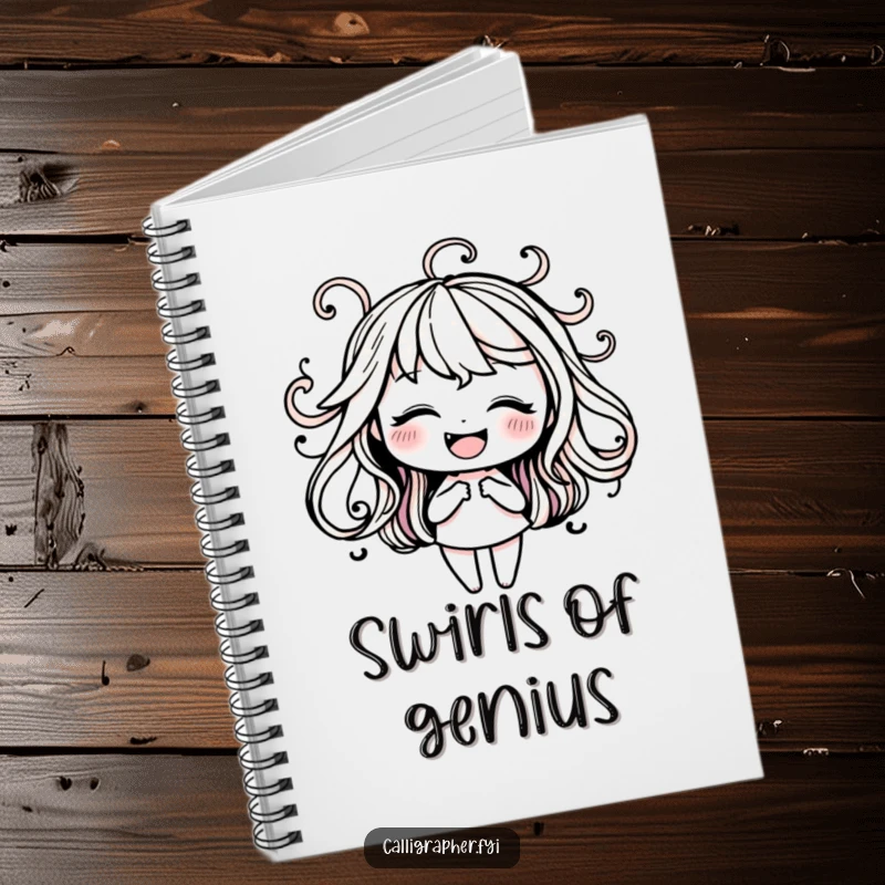 Funny notebook cover with a happy character practicing elegant ink swirls, inspiring beautiful handwriting and creative expression.