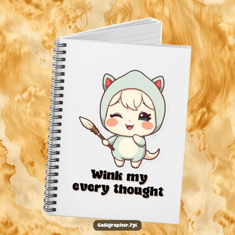 Funny notebook cover featuring a cute character holding a quill pen and winking delightfully, perfect for jotting down clever thoughts.