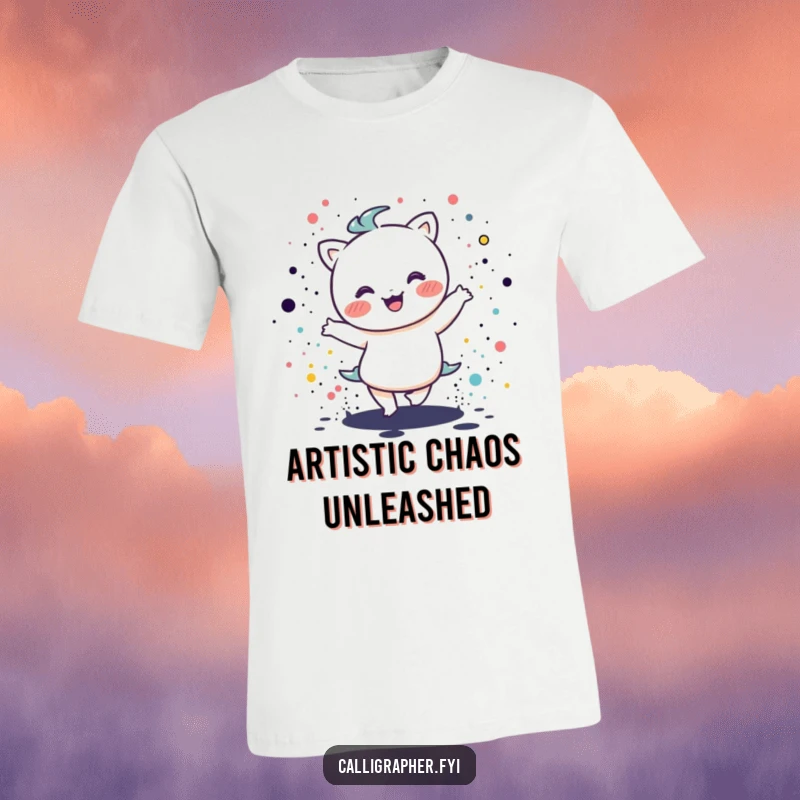 Funny kawaii character performing a happy dance amidst vibrant ink splatters, showcasing artistic flair and joyful movement on a comfortable tee.