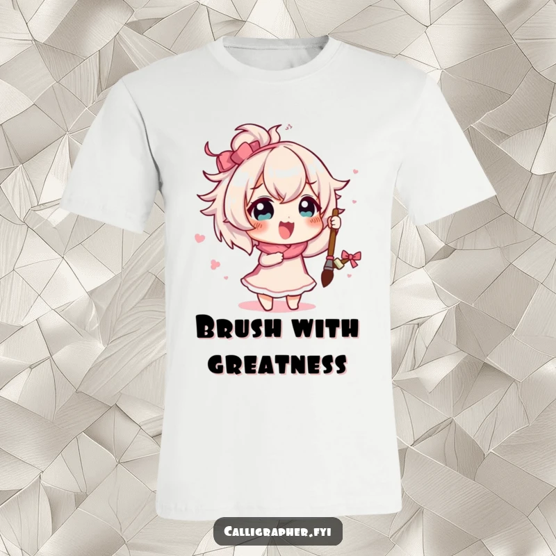 Cute funny character energetically painting a grand flourish with a brush on a t-shirt.