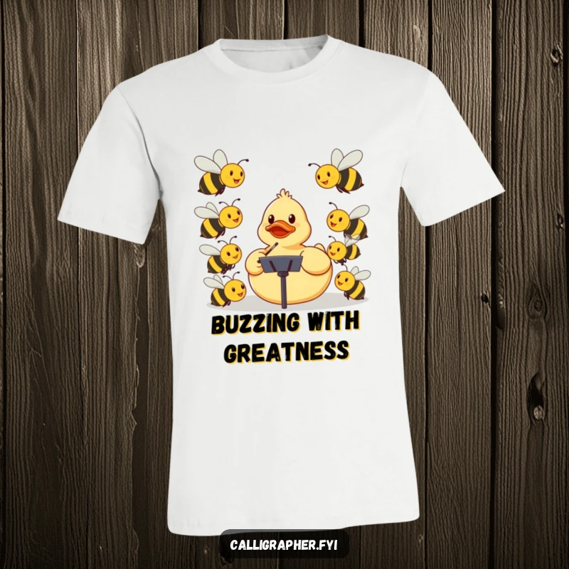 Funny t-shirt featuring a rubber ducky dressed as a conductor, leading an orchestra of smiling bees with musical instruments.