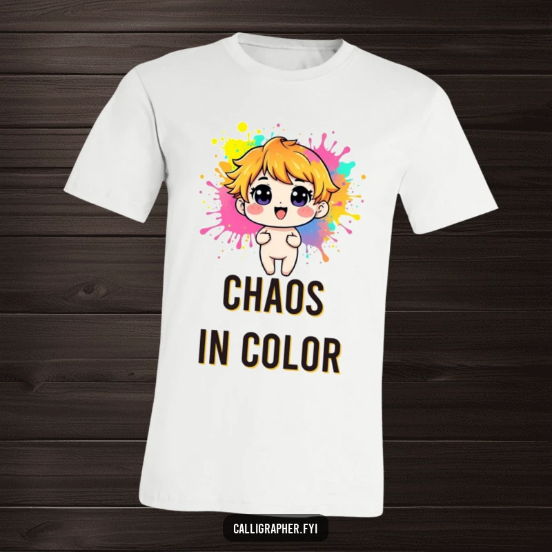 Funny T-Shirt showcasing a playful character making dynamic, colorful splashes of paint, celebrating energetic artistic expression.