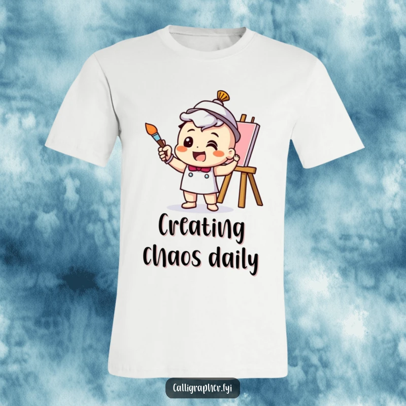 Funny T-Shirt with a cheerful artist character excitedly gesturing with a paintbrush during a creative stroke, radiating artistic passion.