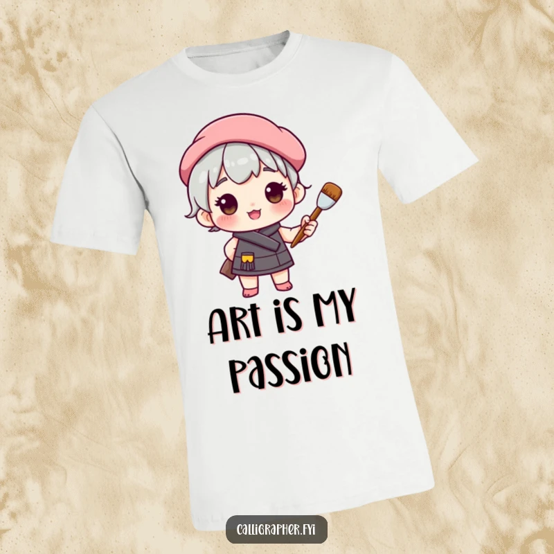 Funny t-shirt depicting a cute character sporting a beret, proudly holding a paintbrush, ready to embark on a colorful artistic journey.