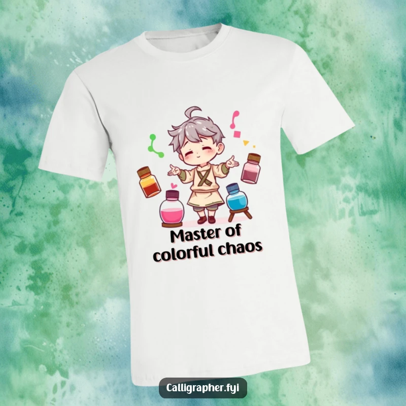 Funny t-shirt featuring a character artist playfully juggling three different colored ink bottles, symbolizing vibrant and dynamic artistic creation.