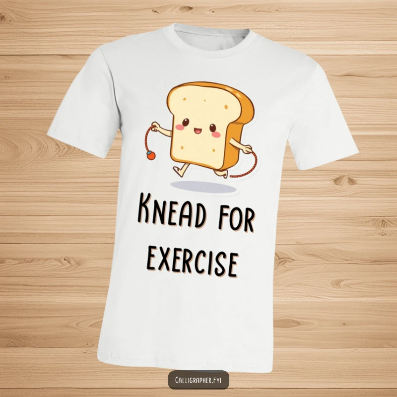 Funny bread t-shirt depicting a loaf of bread actively skipping rope using its crust, a humorous take on exercise.
