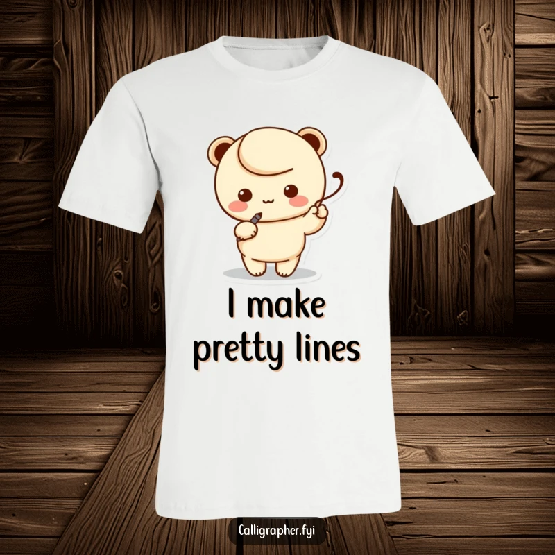 Funny t-shirt featuring a charming kawaii character artist holding a calligraphy pen, elegantly writing a swoosh with joyful concentration.