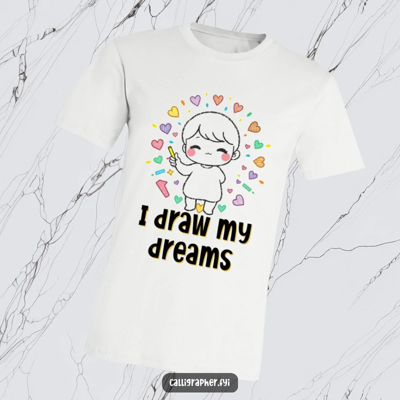 Funny t-shirt depicting a cute character joyfully creating a beautiful, intricate pattern using colorful chalk, bringing art to life.
